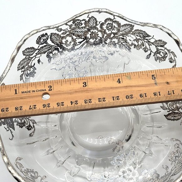 Vintage Silver Overlay Clear Glass Candy Dish Bowl Flowers Bowl Scalloped Edge - Picture 5 of 9